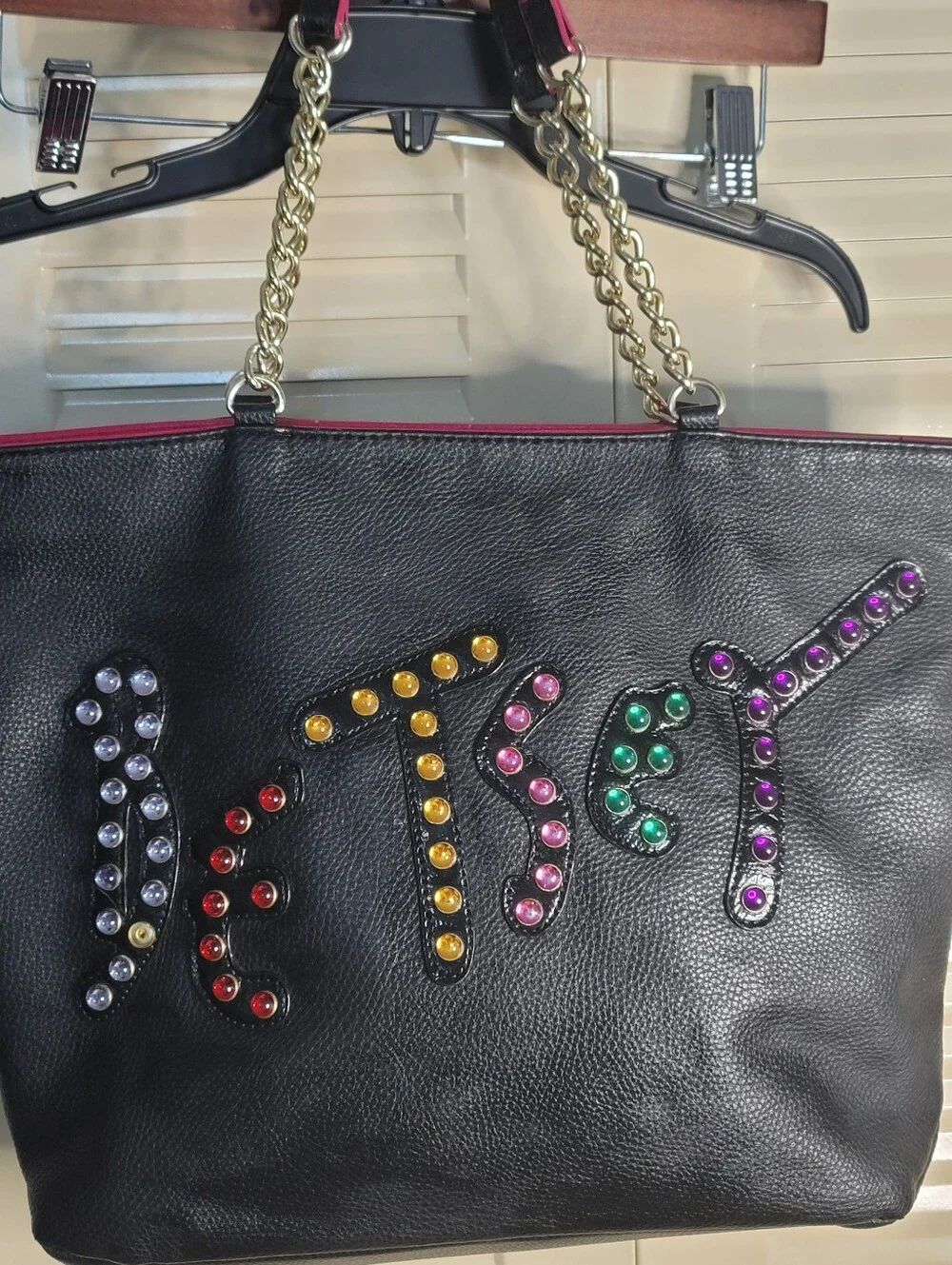 Vintage Betsey Johnson Rhinestone Logo Tote Black Leather Large Shoulder Bag Y2K